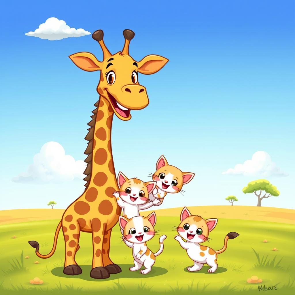 A cheerful cartoon scene featuring one tall and friendly giraffe with a big smile and two playful kittens