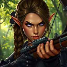 A female elf rogue character portrayed with a serious expression, expertly handling a crossbow