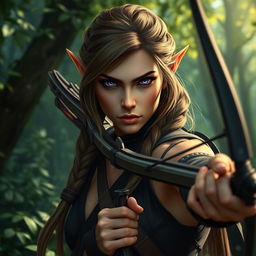 A female elf rogue character portrayed with a serious expression, expertly handling a crossbow