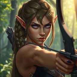 A female elf rogue character portrayed with a serious expression, expertly handling a crossbow