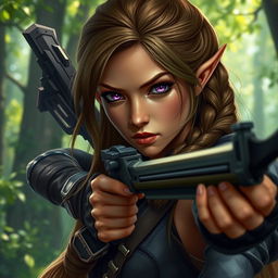 A female elf rogue character portrayed with a serious expression, expertly handling a crossbow