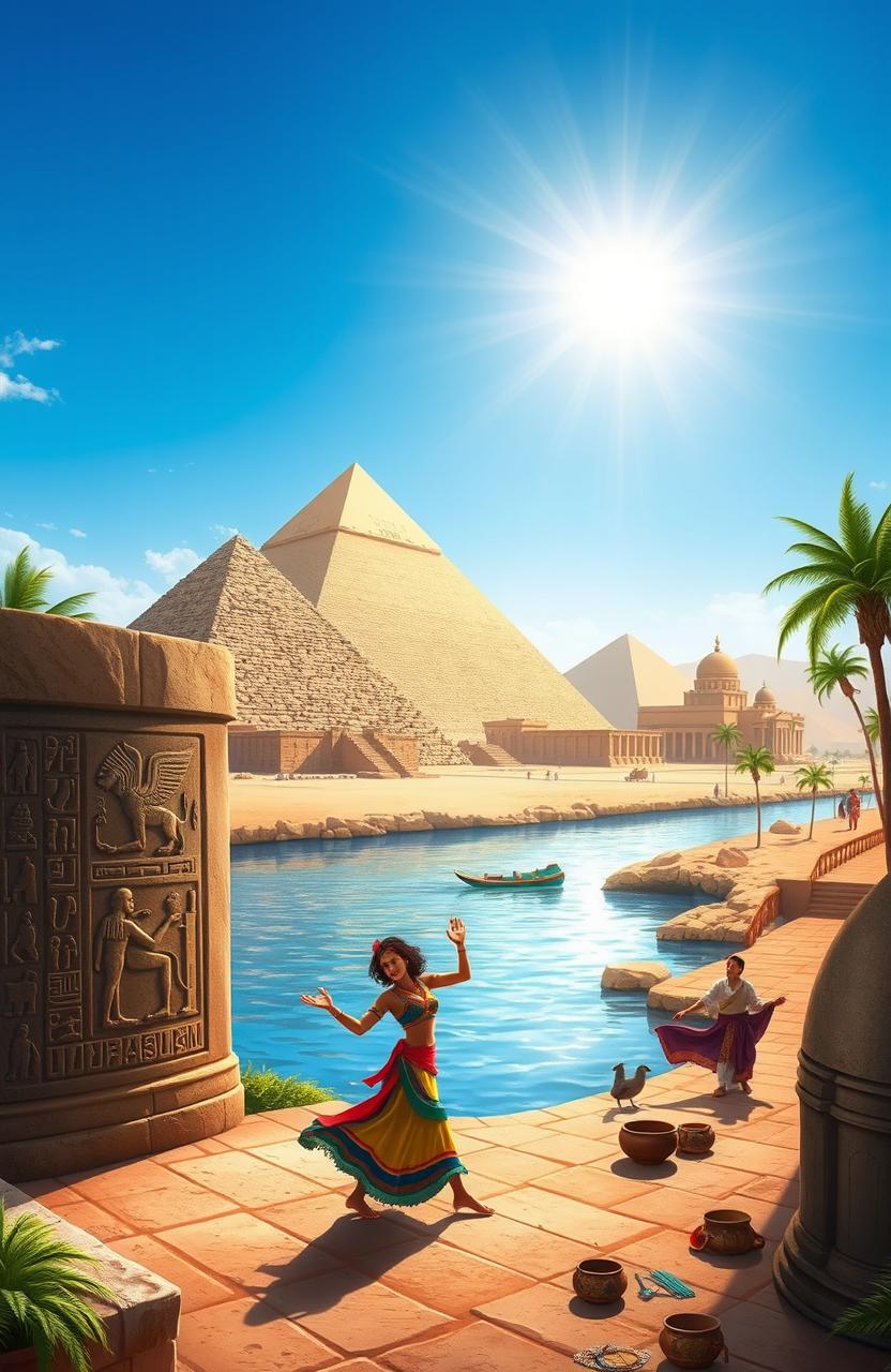 A vibrant depiction of Egyptian culture showcasing iconic elements such as the Great Pyramids of Giza under a bright blue sky, traditional dancers in colorful attire performing a folk dance, intricate hieroglyphics carved into stone, and the serene Nile River flowing nearby