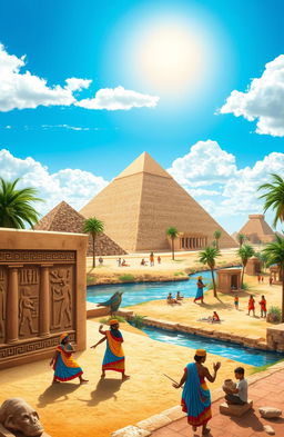 A vibrant depiction of Egyptian culture showcasing iconic elements such as the Great Pyramids of Giza under a bright blue sky, traditional dancers in colorful attire performing a folk dance, intricate hieroglyphics carved into stone, and the serene Nile River flowing nearby