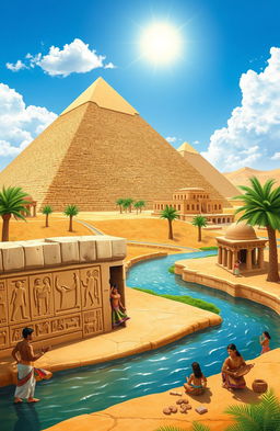 A vibrant depiction of Egyptian culture showcasing iconic elements such as the Great Pyramids of Giza under a bright blue sky, traditional dancers in colorful attire performing a folk dance, intricate hieroglyphics carved into stone, and the serene Nile River flowing nearby