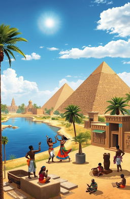 A vibrant depiction of Egyptian culture showcasing iconic elements such as the Great Pyramids of Giza under a bright blue sky, traditional dancers in colorful attire performing a folk dance, intricate hieroglyphics carved into stone, and the serene Nile River flowing nearby