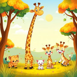 A vibrant cartoon illustration featuring 1 tall, cheerful giraffe with a long neck, 2 adorable smaller giraffes with playful expressions, and 2 cute kittens playing joyfully in a sunny savanna landscape