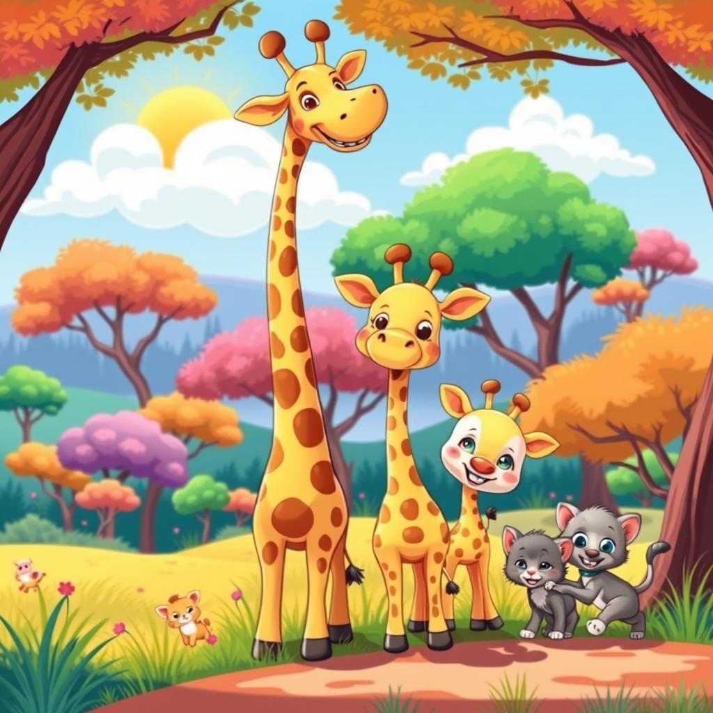 A vibrant cartoon illustration featuring 1 tall, cheerful giraffe with a long neck, 2 adorable smaller giraffes with playful expressions, and 2 cute kittens playing joyfully in a sunny savanna landscape