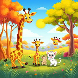 A vibrant cartoon illustration featuring 1 tall, cheerful giraffe with a long neck, 2 adorable smaller giraffes with playful expressions, and 2 cute kittens playing joyfully in a sunny savanna landscape