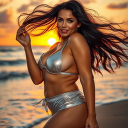 A full body realistic portrait of a sultry curvy brunette woman, showcasing her confidence and allure, wearing a metallic silver bikini that catches the light