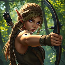 A female elf rogue character skillfully holding a crossbow, exuding a serious and determined aura