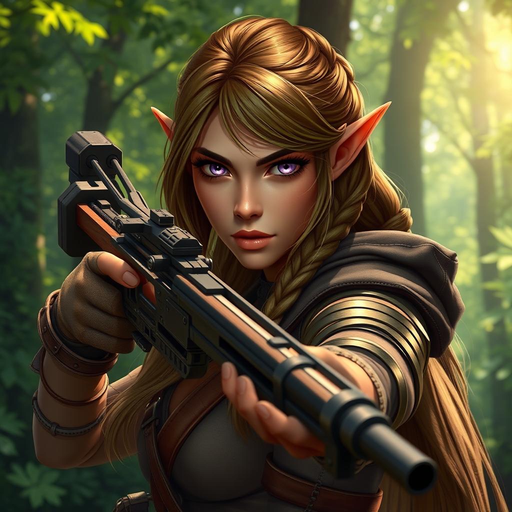 A female elf rogue character skillfully holding a crossbow, exuding a serious and determined aura