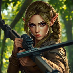 A female elf rogue character skillfully holding a crossbow, exuding a serious and determined aura
