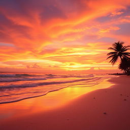 A vibrant sunset over a tranquil beach, with soft waves lapping at the shore, and a palm tree silhouette on the right side of the scene
