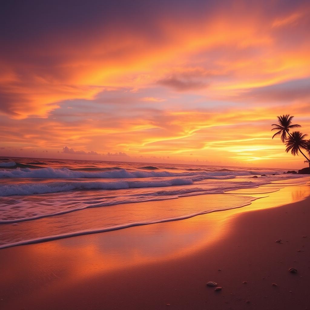 A vibrant sunset over a tranquil beach, with soft waves lapping at the shore, and a palm tree silhouette on the right side of the scene