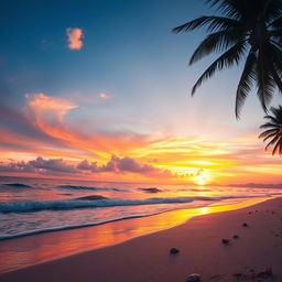 A vibrant sunset over a tranquil beach, with soft waves lapping at the shore, and a palm tree silhouette on the right side of the scene