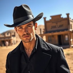 A young Jude Law depicted as a cowboy, wearing a stylish black flat-top hat and a long black coat