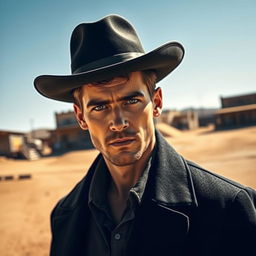 A young Jude Law depicted as a cowboy, wearing a stylish black flat-top hat and a long black coat