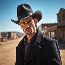 A young Jude Law depicted as a cowboy, wearing a stylish black flat-top hat and a long black coat