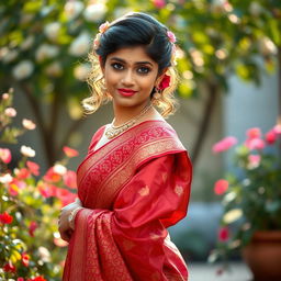 A beautiful Indian girl gracefully wearing a traditional saree, with intricate patterns and vibrant colors such as deep red and gold