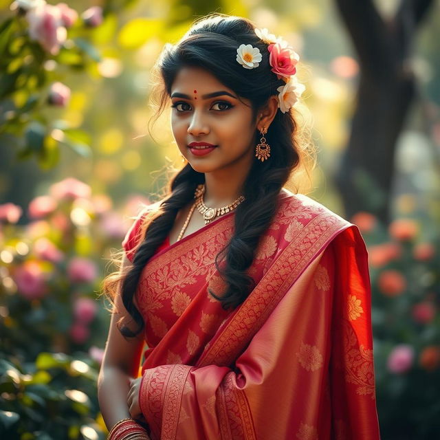 A beautiful Indian girl gracefully wearing a traditional saree, with intricate patterns and vibrant colors such as deep red and gold
