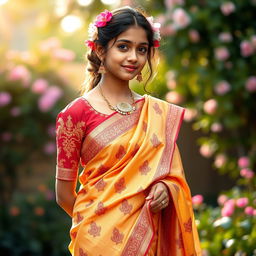 A beautiful Indian girl gracefully wearing a traditional saree, with intricate patterns and vibrant colors such as deep red and gold