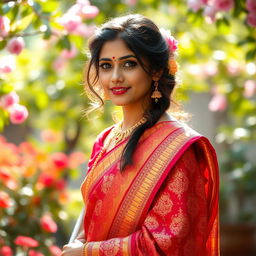 A beautiful Indian girl gracefully wearing a traditional saree, with intricate patterns and vibrant colors such as deep red and gold