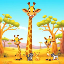 A colorful cartoon scene featuring a tall, friendly giraffe with a big smile, surrounded by two playful baby giraffes with cute expressions