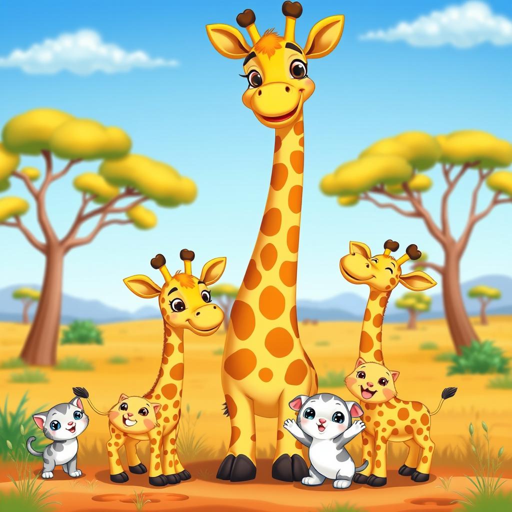 A colorful cartoon scene featuring a tall, friendly giraffe with a big smile, surrounded by two playful baby giraffes with cute expressions