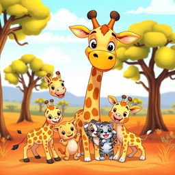 A colorful cartoon scene featuring a tall, friendly giraffe with a big smile, surrounded by two playful baby giraffes with cute expressions