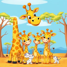 A colorful cartoon scene featuring a tall, friendly giraffe with a big smile, surrounded by two playful baby giraffes with cute expressions