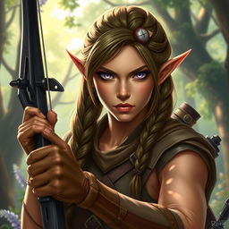 A female elf rogue character depicted with a serious expression, expertly holding a crossbow