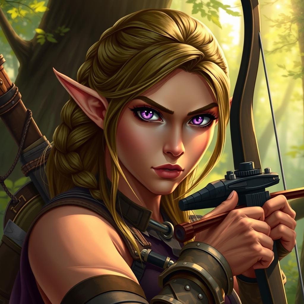 A female elf rogue character depicted with a serious expression, expertly holding a crossbow