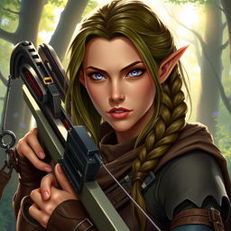 A female elf rogue character depicted with a serious expression, expertly holding a crossbow