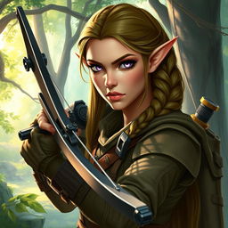 A female elf rogue character depicted with a serious expression, expertly holding a crossbow