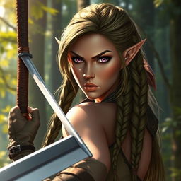 A female elf rogue character portrayed with a serious expression, confidently wielding a long sword