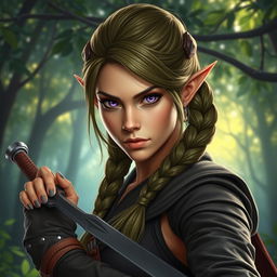 A female elf rogue character portrayed with a serious expression, confidently wielding a long sword