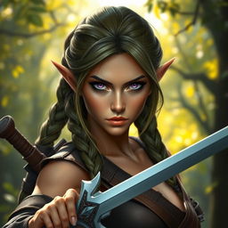 A female elf rogue character portrayed with a serious expression, confidently wielding a long sword