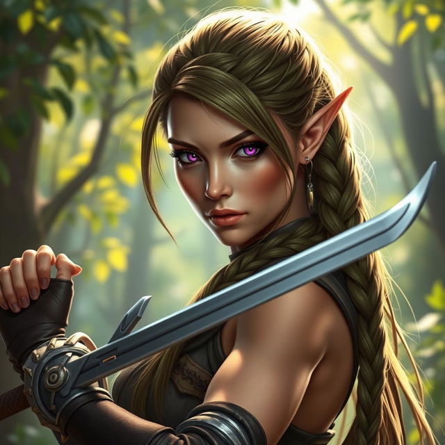 A female elf rogue character portrayed with a serious expression, confidently wielding a long sword