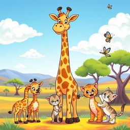 A colorful cartoon scene featuring a tall, friendly giraffe standing in the center, flanked by two adorable baby giraffes looking curiously at the viewer