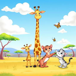A colorful cartoon scene featuring a tall, friendly giraffe standing in the center, flanked by two adorable baby giraffes looking curiously at the viewer