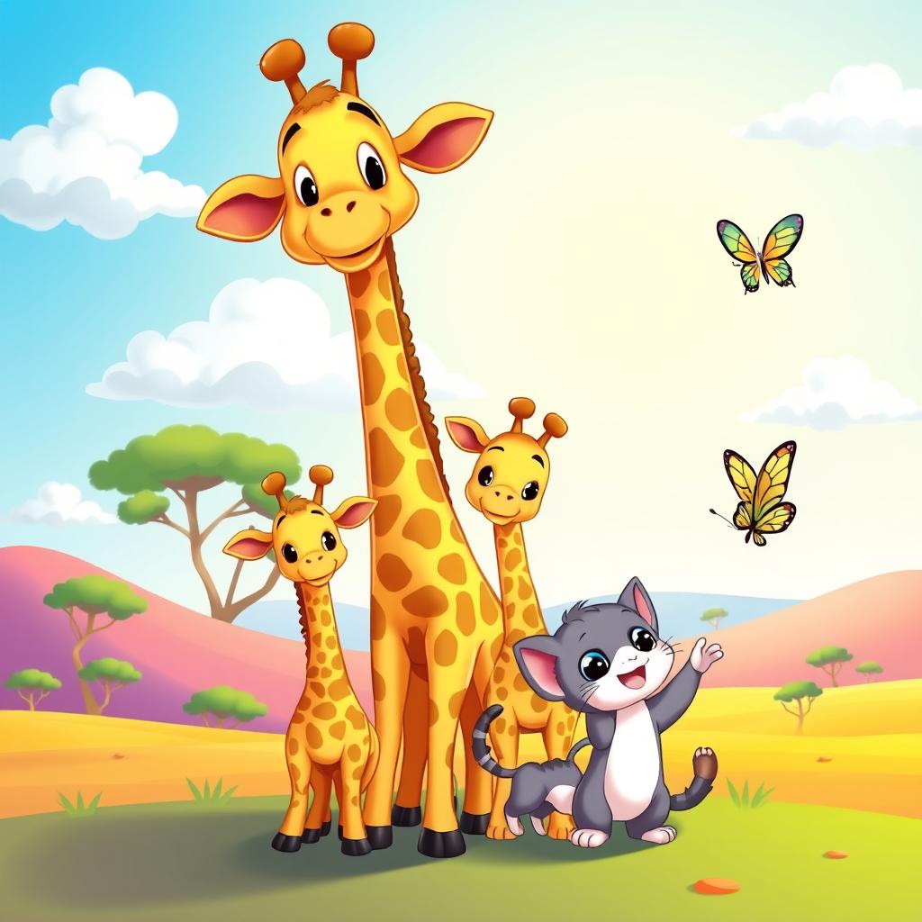 A colorful cartoon scene featuring a tall, friendly giraffe standing in the center, flanked by two adorable baby giraffes looking curiously at the viewer
