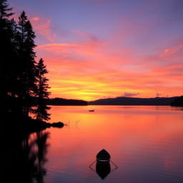 A serene sunset over a calm lake, the water reflecting vibrant hues of orange, pink, and purple