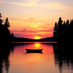 A serene sunset over a calm lake, the water reflecting vibrant hues of orange, pink, and purple