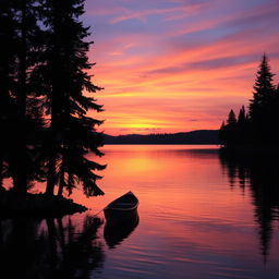 A serene sunset over a calm lake, the water reflecting vibrant hues of orange, pink, and purple