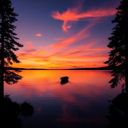 A serene sunset over a calm lake, the water reflecting vibrant hues of orange, pink, and purple