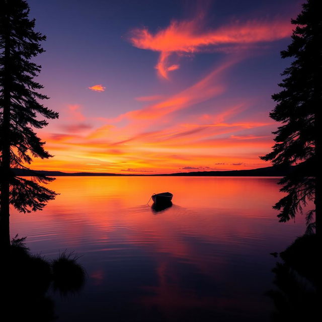 A serene sunset over a calm lake, the water reflecting vibrant hues of orange, pink, and purple