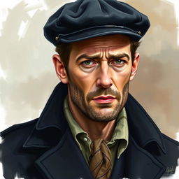 A detailed drawing of actor Jude Law, depicted with a distinctive black flat-top military explorer hat and an old, worn black coat