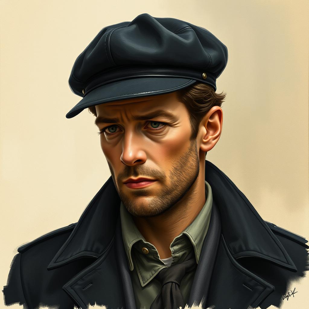 A detailed drawing of actor Jude Law, depicted with a distinctive black flat-top military explorer hat and an old, worn black coat