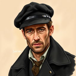 A detailed drawing of actor Jude Law, depicted with a distinctive black flat-top military explorer hat and an old, worn black coat