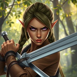 A female elf rogue character depicted with a serious expression, expertly wielding a long sword
